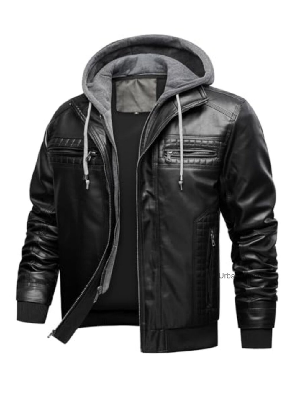 Men's Faux Leather Motorcycle Bomber Jacket Removable Hood Moto Biker